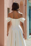White Off the Shoulder Satin A Line Midi Engagement Dress