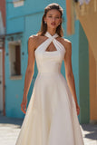 White Satin A Line Halter Midi Engagement Dress