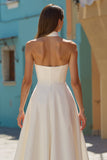 White Satin A Line Halter Midi Engagement Dress