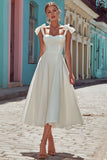 White Satin Corset Thick Straps Midi Engagement Dress with Bows
