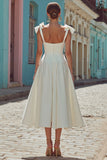 White Satin Corset Thick Straps Midi Engagement Dress with Bows