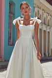 White Satin Corset Thick Straps Midi Engagement Dress with Bows