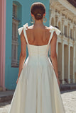 White Satin Corset Thick Straps Midi Engagement Dress with Bows