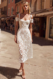 White Cold Shoulder A Line Lace Midi Engagement Dress