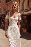 White Cold Shoulder A Line Lace Midi Engagement Dress