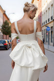 White Bodycon Satin Off the Shoulder Short Engagement Dress with Bows