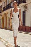 Ivory Bodycon Thick Straps Lace Midi Engagement Dress