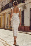 Ivory Bodycon Thick Straps Lace Midi Engagement Dress