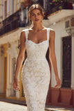 Ivory Bodycon Thick Straps Lace Midi Engagement Dress