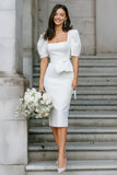 White Satin Bodycon Square Neck Midi Engagement Dress with Sleeves