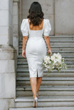 White Satin Bodycon Square Neck Midi Engagement Dress with Sleeves