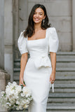 White Satin Bodycon Square Neck Midi Engagement Dress with Sleeves