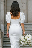 White Satin Bodycon Square Neck Midi Engagement Dress with Sleeves