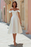 White Off the Shoulder Satin Midi Engagement Dress