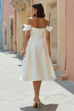 White Off the Shoulder Satin Midi Engagement Dress