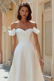 White Off the Shoulder Satin Midi Engagement Dress