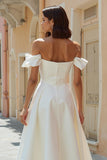 White Off the Shoulder Satin Midi Engagement Dress
