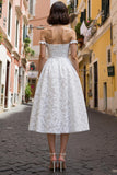 White Off the Shoulder A Line Lace Midi Engagement Dress