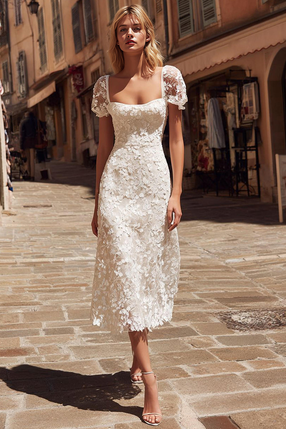 Leely Women Ivory Lace Midi Engagement Dress with Sleeves A Line Square