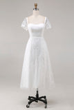 Ivory Square Neck Midi Lace Engagement Dress with Sleeves