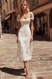 Ivory Square Neck Midi Lace Engagement Dress with Sleeves