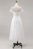 Ivory Square Neck Midi Lace Engagement Dress with Sleeves