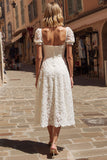 Ivory Square Neck Midi Lace Engagement Dress with Sleeves