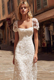 Ivory Square Neck Midi Lace Engagement Dress with Sleeves