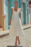 White Satin Backless Thick Straps Midi Engagement Dress with Bows