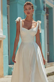White Satin Backless Thick Straps Midi Engagement Dress with Bows