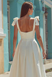 White Satin Backless Thick Straps Midi Engagement Dress with Bows