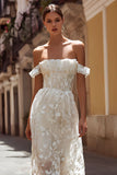 Ivory Off the Shoulder Midi Floral Wedding Dress