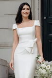 White Bodycon Square Neck Midi Wedding Dress