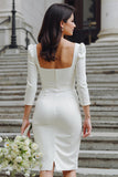 White Square Neck Bodycon Midi Wedding Dress with Bow