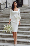 White Square Neck Bodycon Midi Wedding Dress with Bow