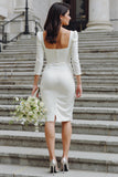 White Square Neck Bodycon Midi Wedding Dress with Bow