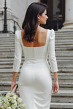 White Square Neck Bodycon Midi Wedding Dress with Bow