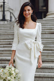 White Square Neck Bodycon Midi Wedding Dress with Bow