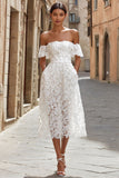 White Off the Shoulder Lace Midi Engagement Dress with Pockets