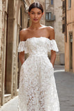 White Off the Shoulder Lace Midi Engagement Dress with Pockets