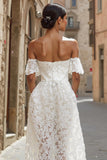 White Off the Shoulder Lace Midi Engagement Dress with Pockets
