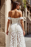 Ivory A Line Appliqued Floral Long Boho Wedding Dress