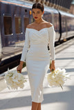 White Off the Shoulder Ruched Bodycon Midi Engagement Dress with Bow