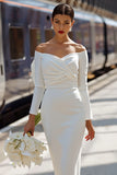 White Off the Shoulder Ruched Bodycon Midi Engagement Dress with Bow