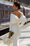 White Off the Shoulder Ruched Bodycon Midi Engagement Dress with Bow