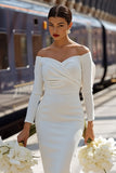 White Off the Shoulder Ruched Bodycon Midi Engagement Dress with Bow