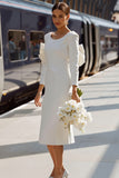 White Bodycon Round Neck Midi Engagement Dress with Bow