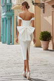 White Off the Shoulder Bodycon Midi Engagement Dress with Bow