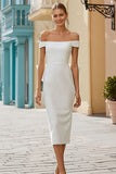 White Off the Shoulder Bodycon Midi Engagement Dress with Bow