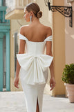 White Off the Shoulder Bodycon Midi Engagement Dress with Bow